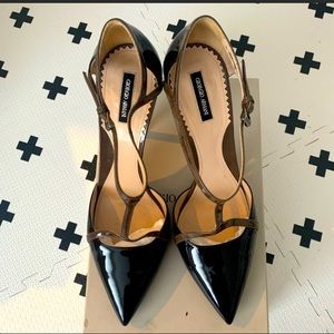 ISO Giorgio Armani black patent. Multi T strap pointy toe high heels